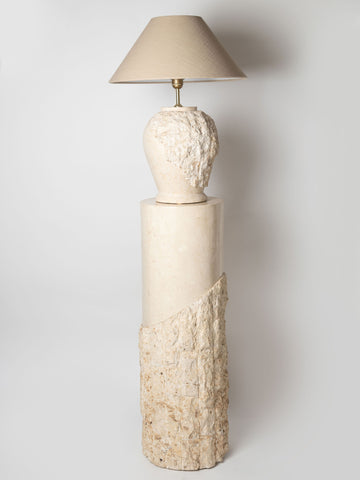 Post Modern Round Tessellated stone pedestal and matching table lamp with linen shade