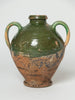 Antique French Provencal oil terracotta jug with green glaze and hand painted decorations