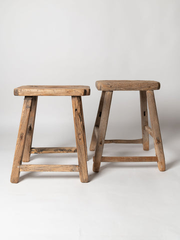 Rare vintage chinese elm stools with shaped seat tops