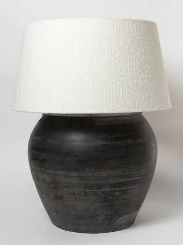 Beautiful large black grey pottery jar lamp with ivory white boucle fabric lampshade
