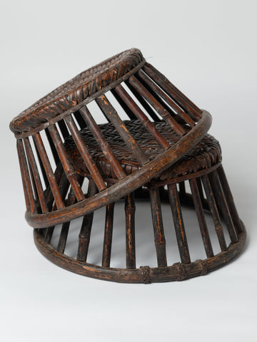 Pair antique chinese rattan and bamboo low stools