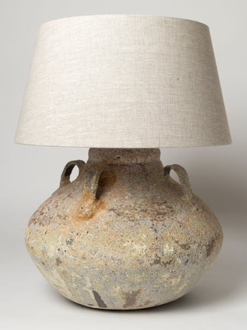Beautiful Barnacled terracotta jar lamp with natural linen shade