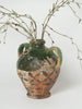 Antique French Provencal oil terracotta jug with green glaze and hand painted decorations
