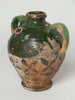 Antique French Provencal oil terracotta jug with green glaze and hand painted decorations