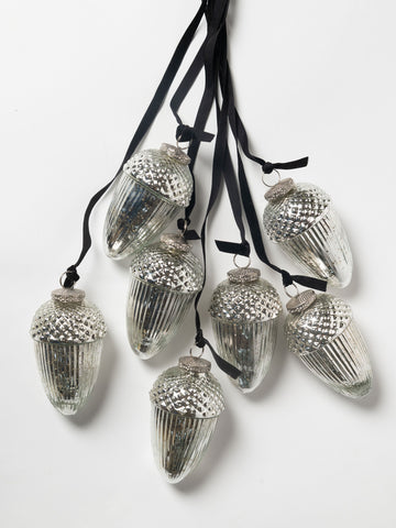 Beautiful large mercury glass style acorn decorations 13cm, black velvet ribbon