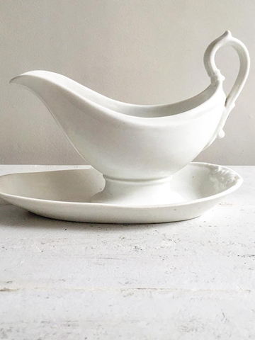 Vintage French White Porcelain china gravy boat on stand - Decorative Antiques UK  - 1