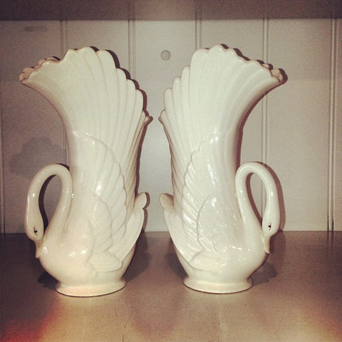 Pair Vintage Mark and Rosendale Swan China Vases - Decorative Antiques UK