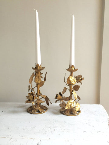 Pair Mid Century Italian Gilt Florentine Toleware Rose Leaf Candlesticks - Decorative Antiques UK  - 1