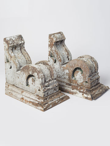 Pair large antique 18th Century wooden corbels with original paint