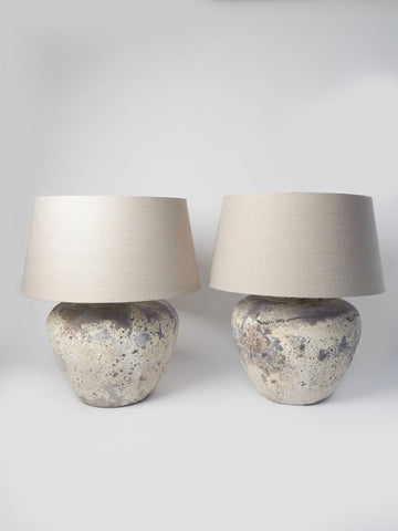 Beautiful large Barnacled textured jar lamps with natural linen shades