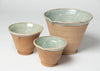 Hungarian terracotta nesting bowls with pouring spouts, pale green colourway