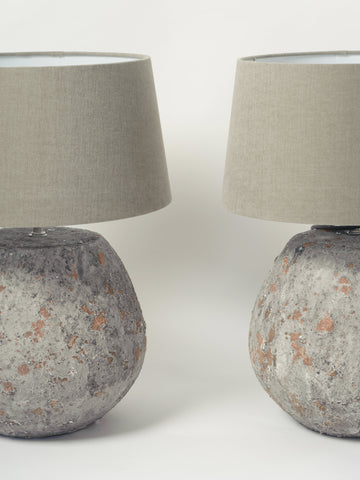 Pair Textured Stone Lamps with Brushed Linen shades