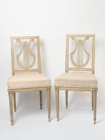 Pair antique French upholstered lyre back chairs with old paint