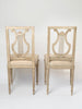 Pair antique French upholstered lyre back chairs with old paint