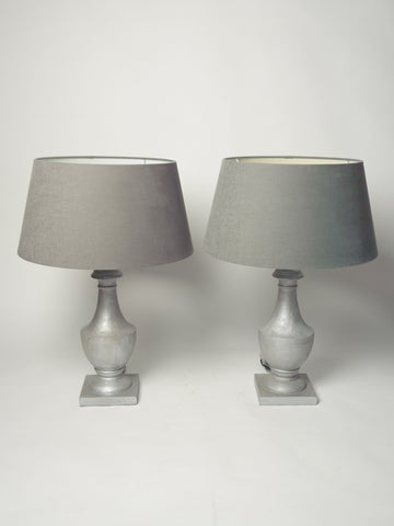 Pair Silver Wooden Table Lamps with shades