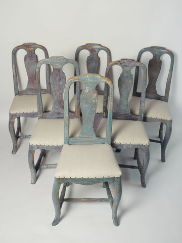 Rare Set of Six Antique Swedish Bergslags Rococo Style Dining Chairs