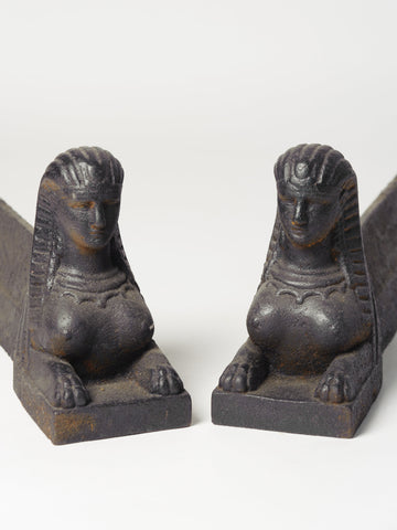 Pair Cast Iron French Sphinx Form Andirons-Firedogs