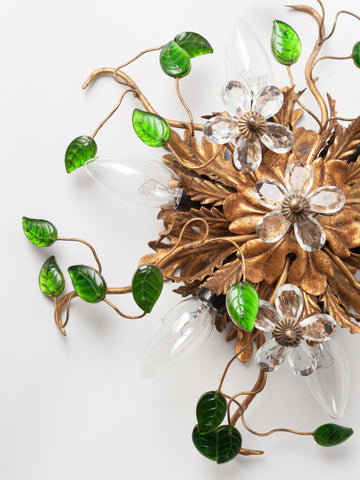 Beautiful 1950's Italian Murano Glass Floral and Gilt Tole Wall/Ceiling Light