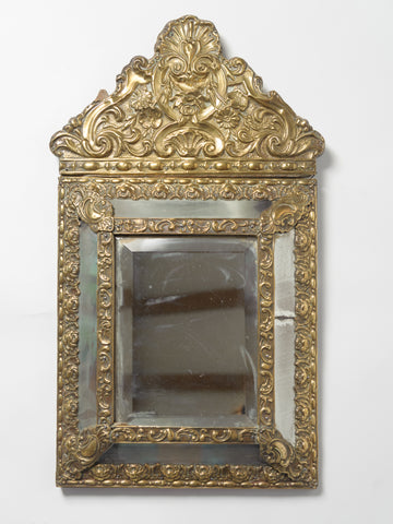 Antique French Brass Repousse Cushion Mirror