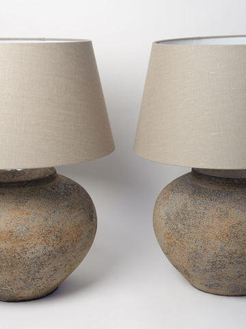 Pair Dutch terracotta jar lamps with linen shades