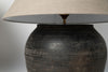 Dutch black pottery jar lamps with linen shades