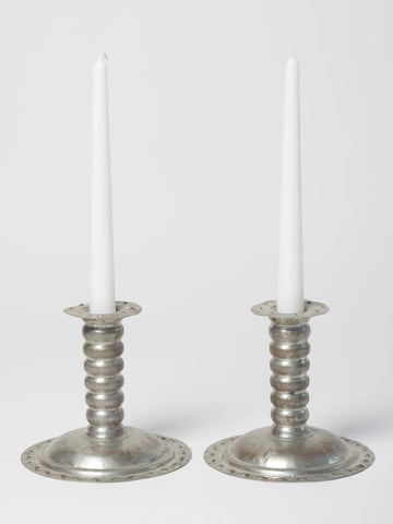 Pair Antique Swedish hand decorated Tin Candlesticks