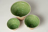 Hungarian terracotta nesting bowls with pouring spouts, green glaze