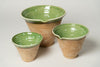Hungarian terracotta nesting bowls with pouring spouts, green glaze
