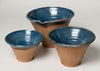 Hungarian terracotta nesting bowls with pouring spouts with blue glaze