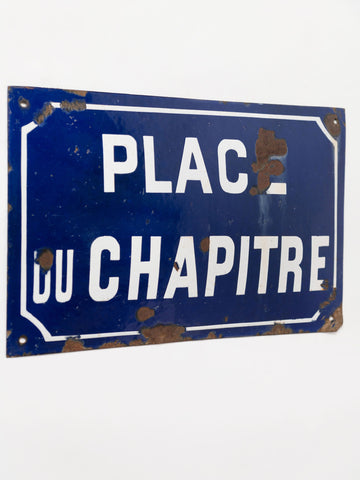 Vintage French enamel cobalt blue and white domed street sign