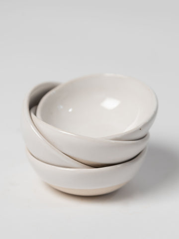 Wonki ware Salt Cellar dish in Plain white wash, Patterned warm grey and Plain pink wash
