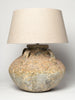 Beautiful barnacled terracotta jar lamp with handles and linen shade