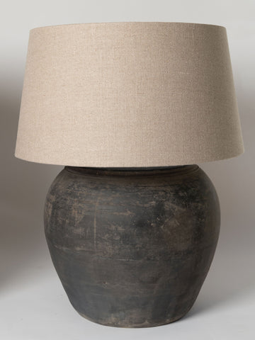 Beautiful large black/beige pottery jar lamp with linen shade