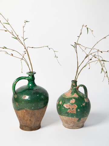 Antique 19th Century French Oil jugs with green glaze