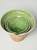 Hungarian terracotta nesting bowls with pouring spouts, green glaze