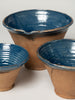 Hungarian terracotta nesting bowls with pouring spouts with blue glaze