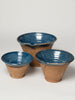 Hungarian terracotta nesting bowls with pouring spouts with blue glaze