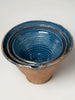Hungarian terracotta nesting bowls with pouring spouts with blue glaze