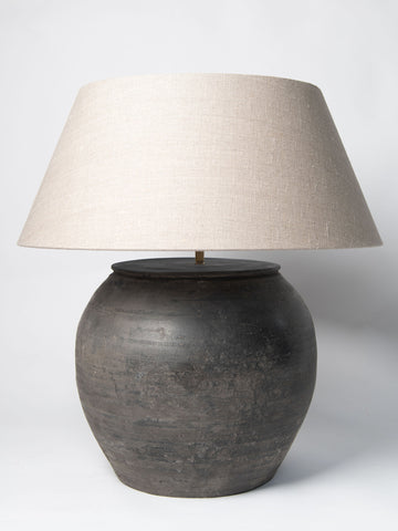 Beautiful Black Pottery jar lamp with natural linen shade