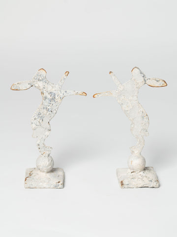 Handcrafted miniature metal boxing hares on stands