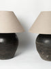 Dutch black pottery jar lamps with linen shades