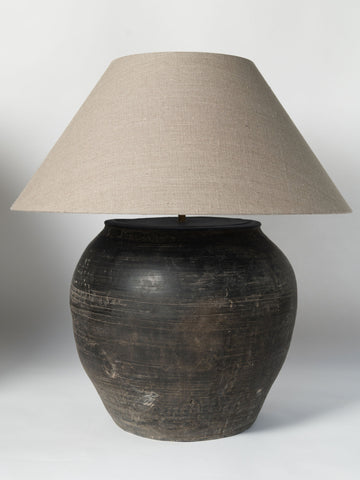 Dutch black pottery jar lamps with linen shades