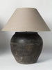 Dutch black pottery jar lamps with linen shades