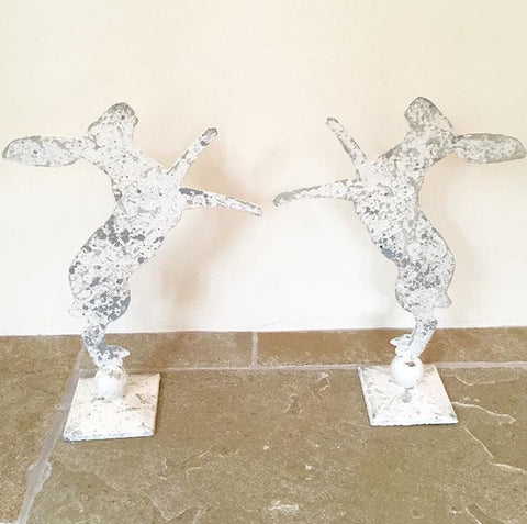 Gorgeous Pair Aged Metal Boxing Hares on Stands - Decorative Antiques UK - 1