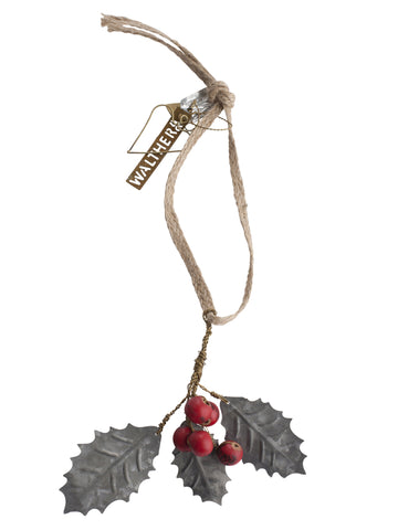 Walther & Co metal holly branch hanging decoration 13cm