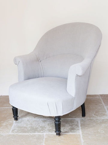 Antique French Fauteuil Crapaud/Tub Chair, newly reupholstered in Dove Grey Linen - Decorative Antiques UK - 1