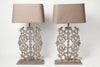 Pair Grey Balustrade Iron Lamps with Dark Olive Linen shades