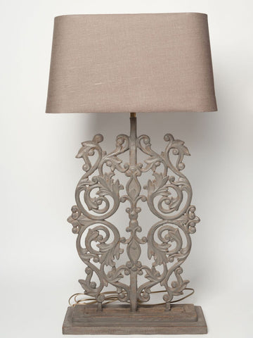 Pair Grey Balustrade Iron Lamps with Dark Olive Linen shades