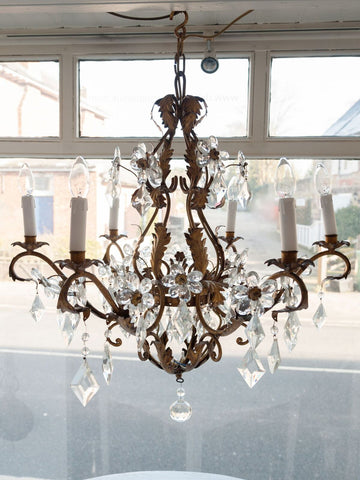 Beautiful 1920's Italian Gilt Tole and Floral Crystal Chandelier