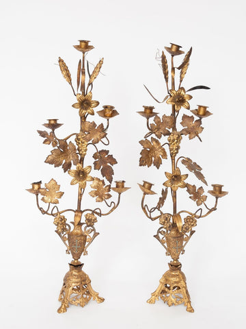 Antique French Floral Gilt Church Candelabras
